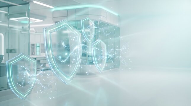 Glowing glass shield icons floating in futuristic white medical laboratory interior, representing immune system protection, healthcare security, virus defense, and medical technology concept