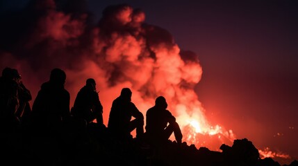 Fototapeta premium Silhouettes of people watching glowing red volcanic eruption with billowing smoke under dark night sky on rocky terrain