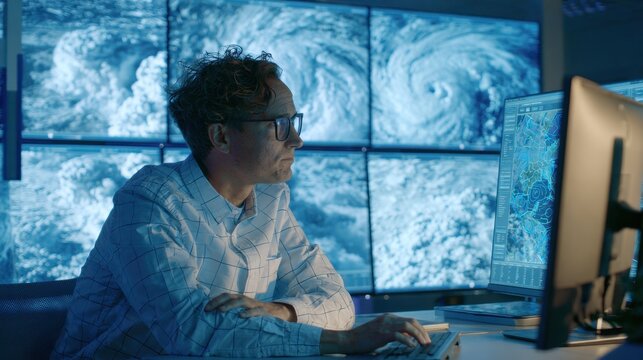Meteorologist analyzing satellite weather data and storm pattern on multiple screens in a modern control room during a weather forecasting session at night