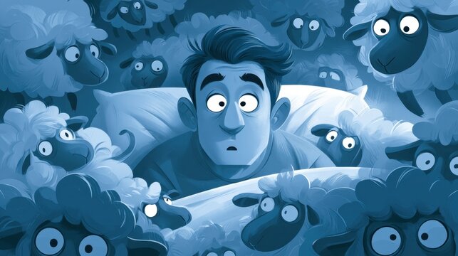 Surprised man lying awake in bed surrounded by cartoon sheep with wide eyes in a surreal nighttime scene for insomnia concept and sleep problem illustration