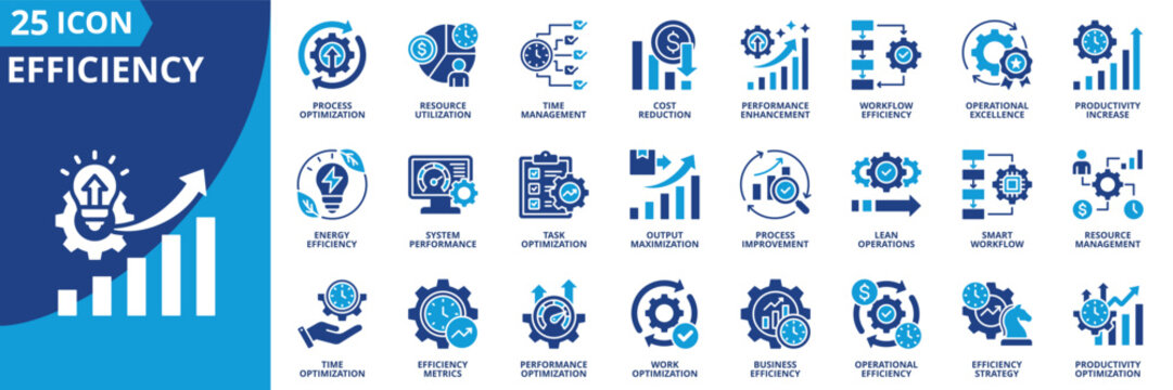 efficiency icon set contains improvement, process optimization, resource utilization, time management, cost reduction, performance enhancement, workflow, operational excellence, productivity increase