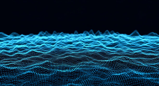 Abstract flowing blue digital particle mesh representing technological waves with abstract particles technology background futuristic connection information visualization computing geometry