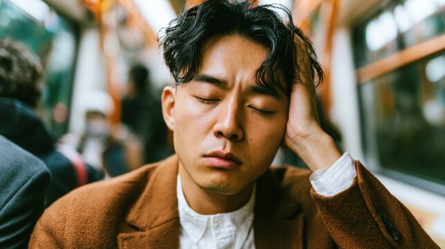 Young man with closed eyes and tired expression resting head on hand while sitting in public transit during daytime commute wearing brown coat and white shirt