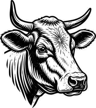 Detailed Cow Head Illustration, Black and White, Farm Animal Portrait
