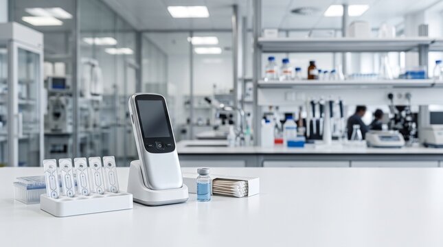 Handheld medical diagnostic device with test kits, a vial, and swabs on a white table in a bright, modern laboratory setting.