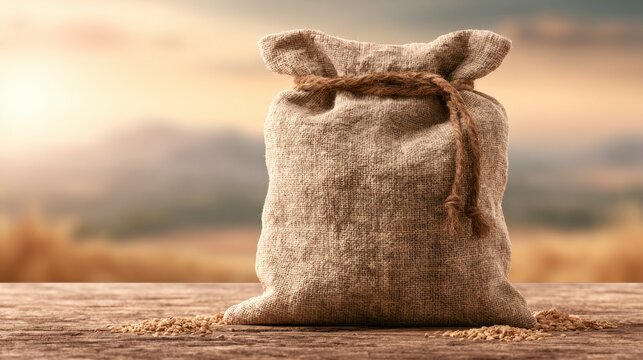 Burlap sack bag filled with grain placed on rustic wooden surface with soft natural outdoor background at sunrise or sunset light setting