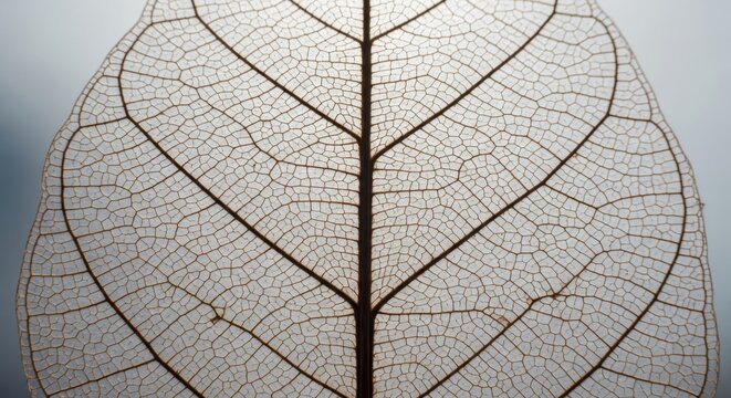 A close-up view of a delicate leaf skeleton showcases its intricate brown veins on a gray background.