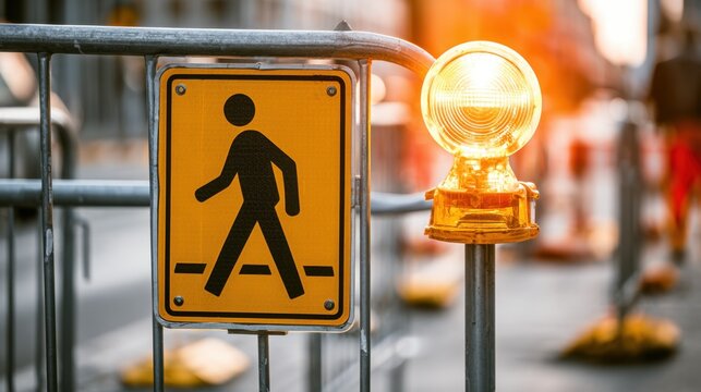Yellow pedestrian crossing sign with black walking figure and bright amber warning light on metal barrier in urban street during sunset or sunrise