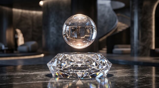 A levitating glass sphere floats above a faceted crystal base on a marble table in a luxurious, dark modern interior with a spiral staircase.