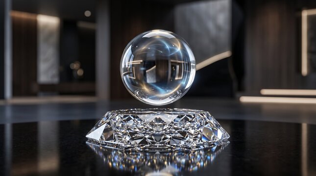 A clear crystal sphere levitates above a sparkling diamond-cut base on a black surface in a modern, luxurious interior setting.