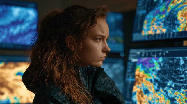 Focused young woman monitoring multiple digital weather maps and data screens in dark room for scientific analysis and forecasting work during night shift