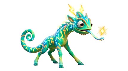 Fototapeta premium Colorful electric chameleon creature character with lightning bolts
