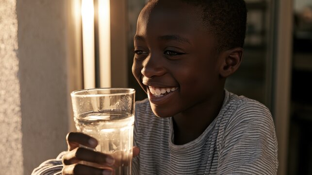 Smiling young boy holding a glass of water near window enjoying healthy hydration in natural light at home in casual striped shirt