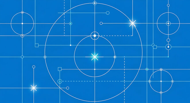 Abstract technical blueprint design with geometric circles and glowing network lines blueprint technical engineering geometry abstract technology structure connection innovation development