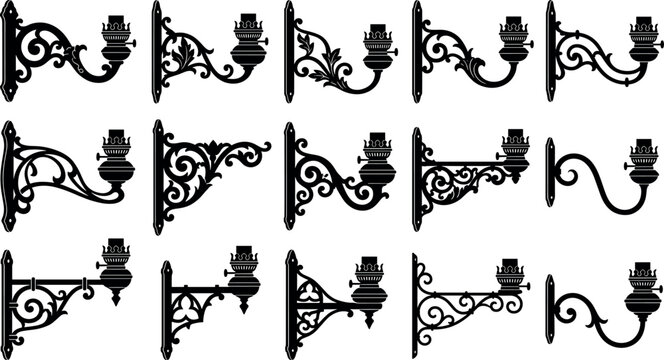 Vintage wrought iron wall sconce silhouette set antique gas lantern lamp brackets gothic ornate interior lighting fixture vectors