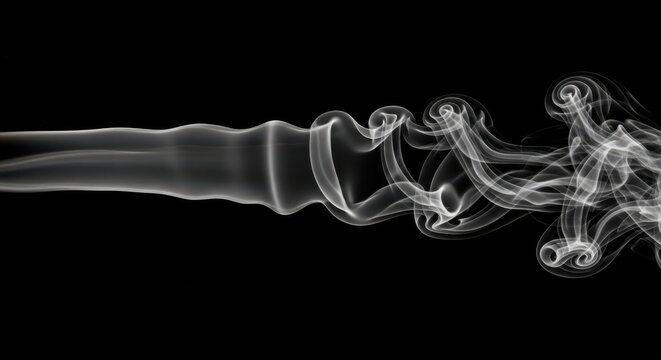 Smoke rises and swirls in the air against a black background