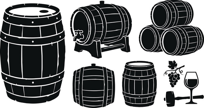 Wooden wine barrel silhouette vector set featuring traditional oak casks grape vine wineglass and distillery cellar storage icons