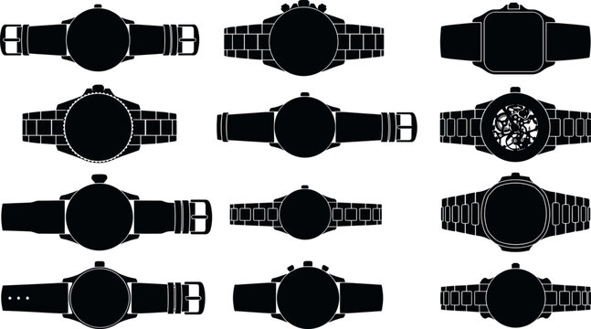 Wrist watch silhouette vector collection featuring luxury chronographs modern smartwatches classic leather strap and mechanical timepiece icons