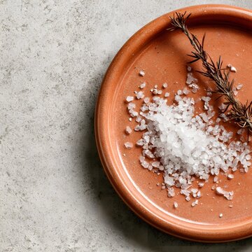 Raw sea salt crystals with dried rosemary on terracotta dish
