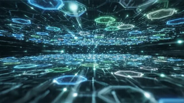 Glowing blue circuit boards illuminate a futuristic cityscape at night with Technology and Science elements in a digital illustration.
