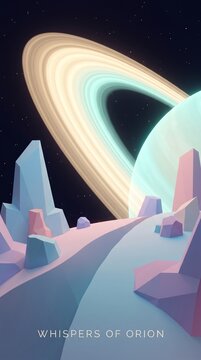 3D low poly alien planet landscape with pastel crystal mountains and giant ringed planet in starry space, futuristic sci-fi concept illustration, dreamlike space exploration background template