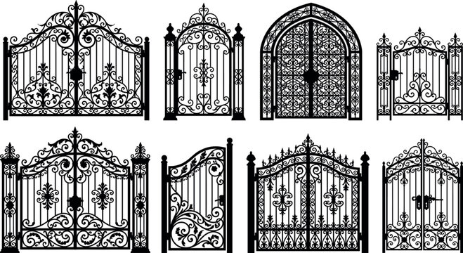 Wrought iron gate vector silhouette collection featuring ornate baroque doors gothic garden wickets fence entries and decorative metal portals
