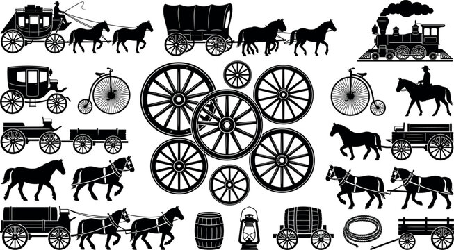 Vintage nineteenth century transportation silhouettes bundle featuring horse drawn carriages covered wagons steam locomotive train and high wheeler bicycles