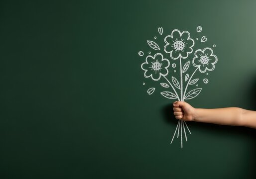 Child hand holding flower bouquet drawn with white chalk on green chalkboard, kids arm grasping sketched floral bunch on empty blackboard for teacher appreciation, mother day, or school concept backgr