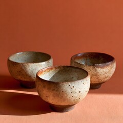 Fototapeta premium Handmade stoneware bowls with a chipped rim on terracotta