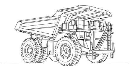 Outline illustration of a large mining dump truck, heavy machinery, industrial vehicle © Tani