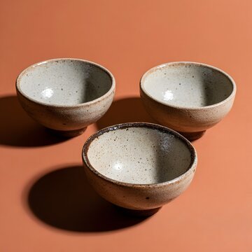 Overhead view of handmade ceramic bowls with visible chip