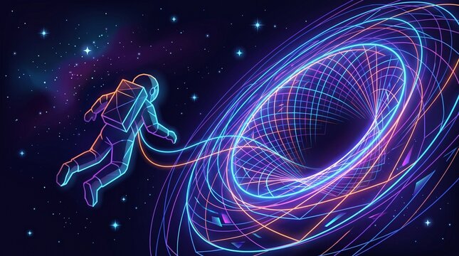 Neon line astronaut floating toward glowing wormhole black hole vortex in deep starry space, futuristic sci-fi vector concept illustration, cosmic time travel, galaxy exploration, and cyber space tech