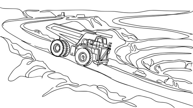 Mining Truck in Open Pit Mine - Line Art Illustration