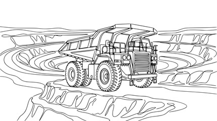 Line Art Mining Dump Truck in Open Pit Mine Landscape © Tani