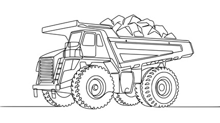 Heavy Duty Mining Dump Truck Loaded with Rocks, Line Art Illustration © Tani
