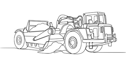 Fototapeta premium Continuous line drawing of a motor scraper earthmover, isolated on white background.