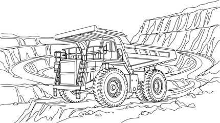Heavy Mining Dump Truck in Open Pit Quarry - Line Art Illustration © Tani
