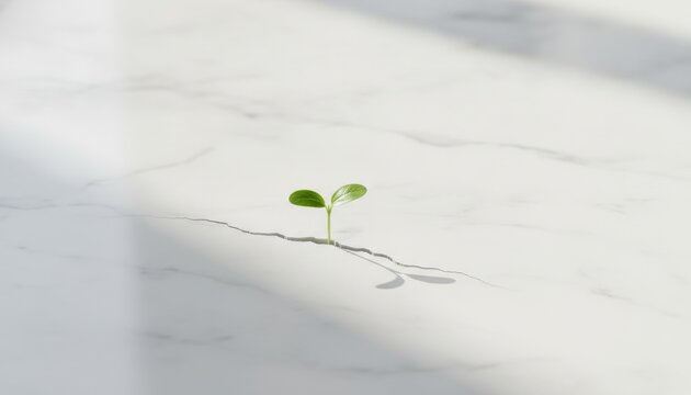 Small Green Sprout Growing Through Crack in Marble Floor