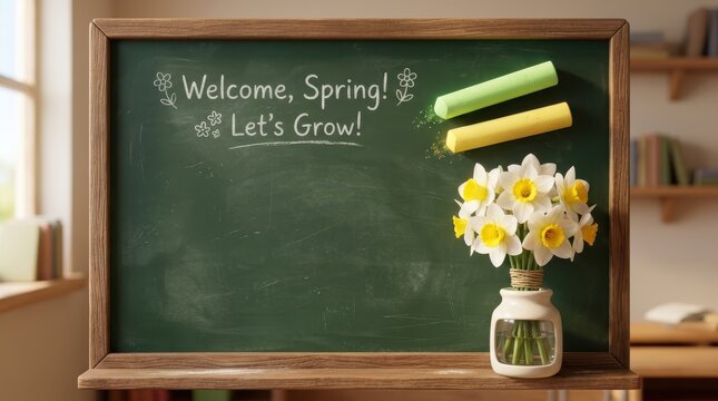 Welcome Spring chalkboard with beautiful daffodil flowers in vase, chalk text lettering and copy space on green blackboard for seasonal greeting card and classroom background