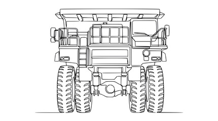 Outline drawing of a large mining dump truck, front view, industrial vehicle. © Tani
