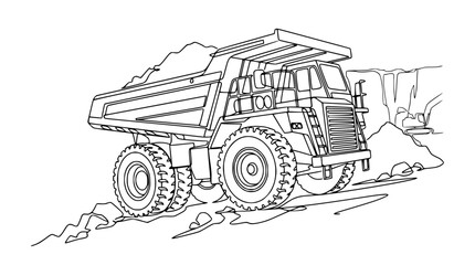 Heavy Duty Mining Dump Truck Carrying Load of Dirt in Quarry Line Art © Tani