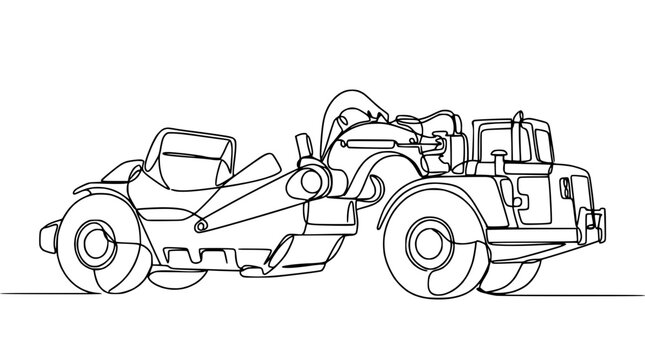 Continuous Line Drawing of Tow Truck Hauling Dune Buggy