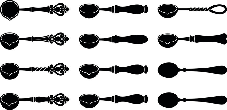 Vintage wax seal melting spoon silhouette vector set featuring antique ornate handles and classic stamp craft melting ladle icons