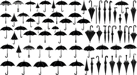 Vintage umbrella and classic walking stick cane silhouettes mega bundle open parasol and folded rain accessories icons set on white background © MstAduri