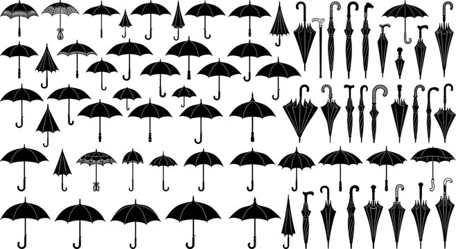 Vintage umbrella and classic walking stick cane silhouettes mega bundle open parasol and folded rain accessories icons set on white background