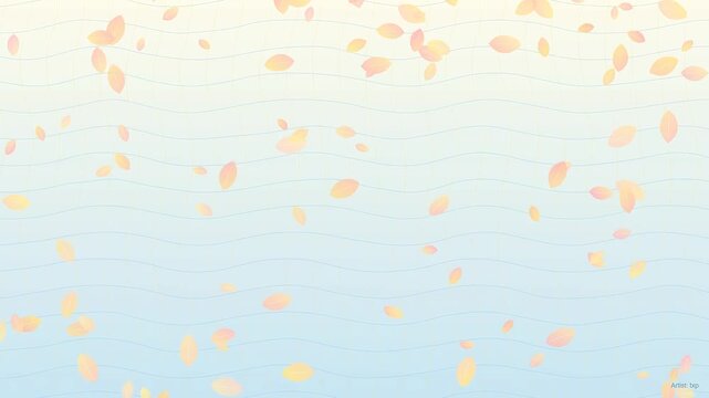 Soft Pastel Background with Falling Autumn Leaves and Wavy Grid Pattern