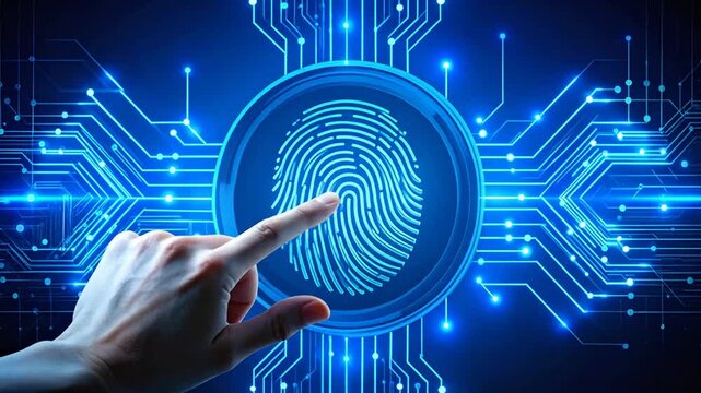 A human finger touches a glowing digital fingerprint security interface