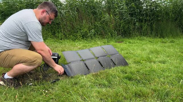 Man connecting a portable power station to foldable solar panels outdoors. Concept of renewable energy, off-grid electricity, sustainable technology, camping and clean portable power.