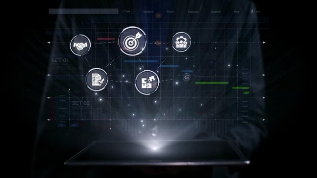 Project management dashboard showing project management strategy, planning, project management workflow, and project management team icons for better coordination. Elide