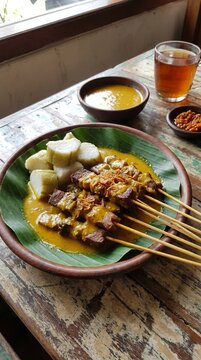 Authentic West Sumatran sate padang beef satay served with thick spicy yellow curry sauce, rice cakes ketupat, sambal, and hot tea on rustic wooden table, traditional Indonesian culinary heritage